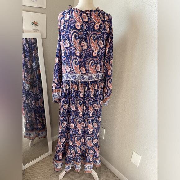 Bell by Alicia Bell Paisley Button Down Maxi Dress with Tassels Size Large Navy - Picture 3 of 10